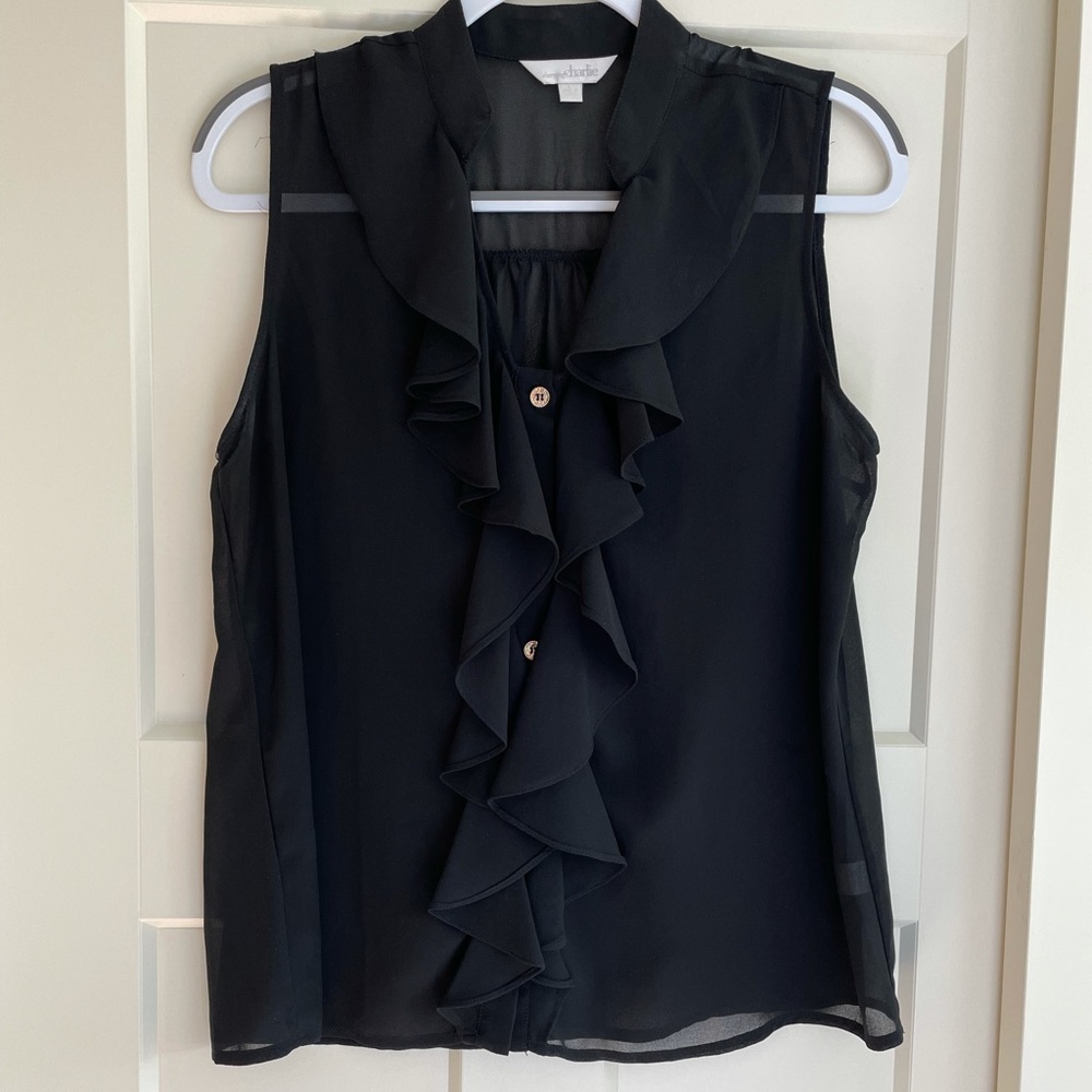 Black sleeveless blouse with ruffle, size Large.